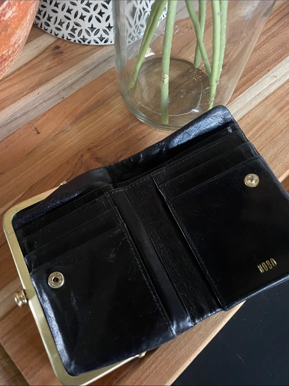 HOBO Classic Black Embossed Frame Clutch with Gold Hardware